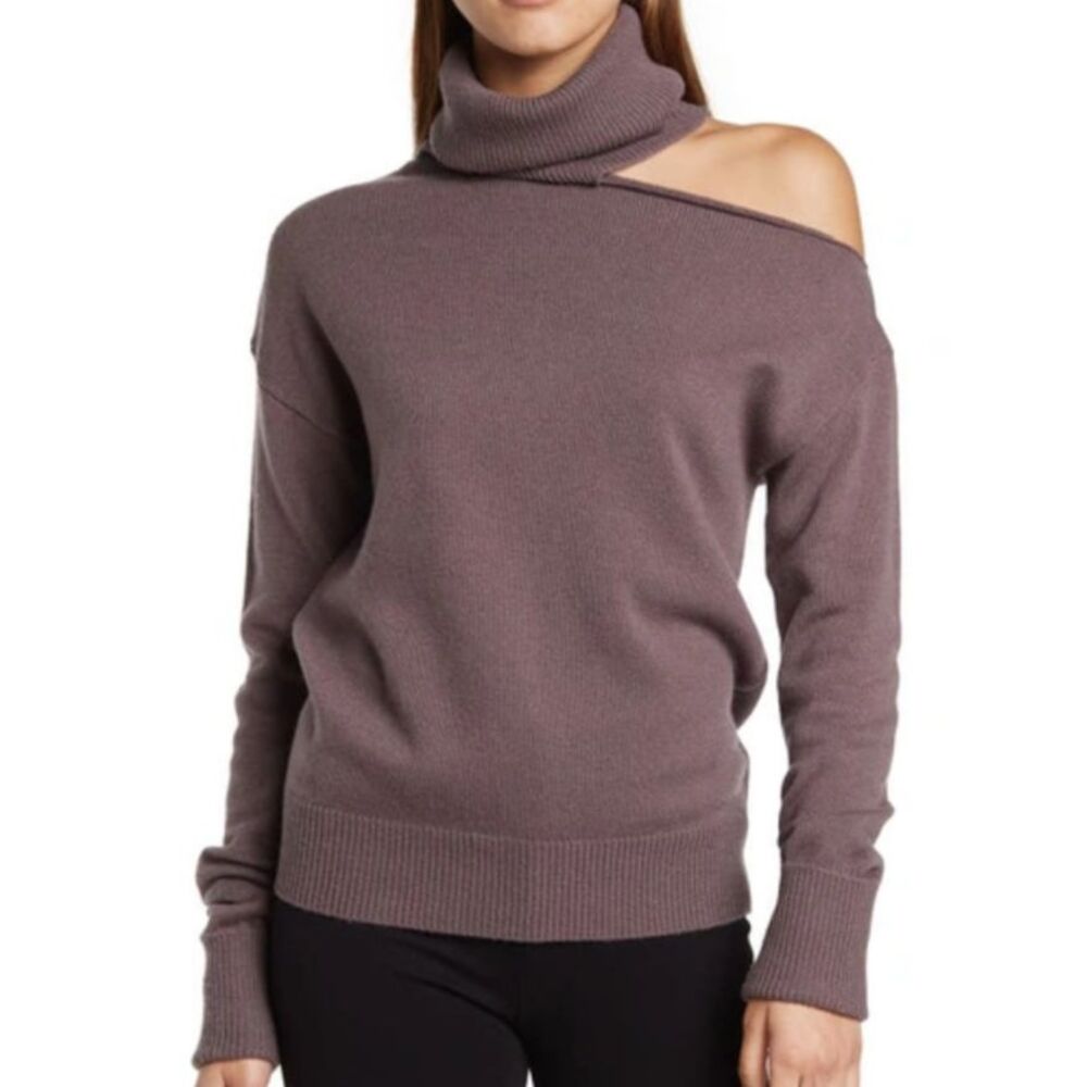 Paige Raundi Cutout Shoulder Sweater Truffle Taupe Wool Knit Turtleneck sz S EUC